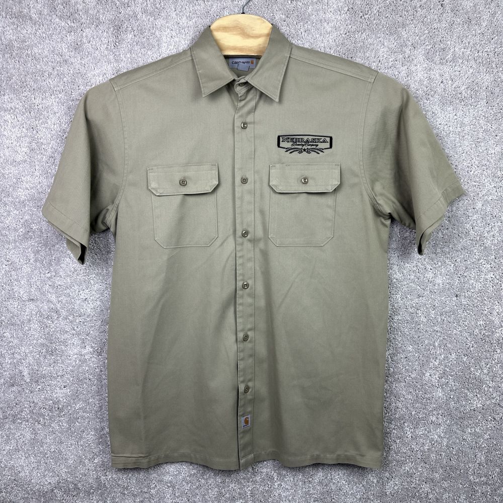 Carhartt‎ Shirt M Khaki Short Sleeve Twill Button Up Workwear Nebraska Brewing